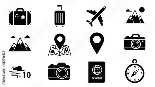 Collection of travel-related icons including luggage, suitcase, airplane, mountains, map pin, camera, landing page, globe, and compass