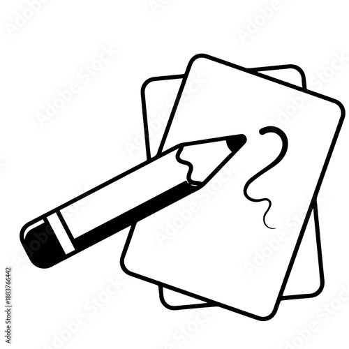 vector A simple line art illustration featuring a classic pencil actively writing or sketching an abstract squiggle on a stack of blank papers, symbolizing creativity and thought.