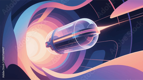 Illustration Of A Semi-Transparent Transport Capsule Passing Through A Soft Colored Energy Tunnel Vector Design Template