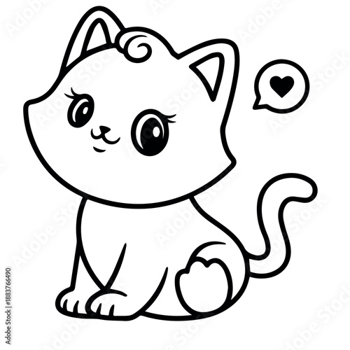 vector An adorable black and white line art cartoon of a fluffy kitten sitting cutely with large expressive eyes and a heart floating nearby, conveying innocence and affection.