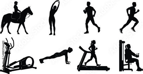 Collection of black silhouettes showing people running horse riding and doing gym workout exercises isolated on white background vector.