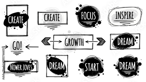 Artistic black and white illustration with motivational words like create, focus, inspire, d