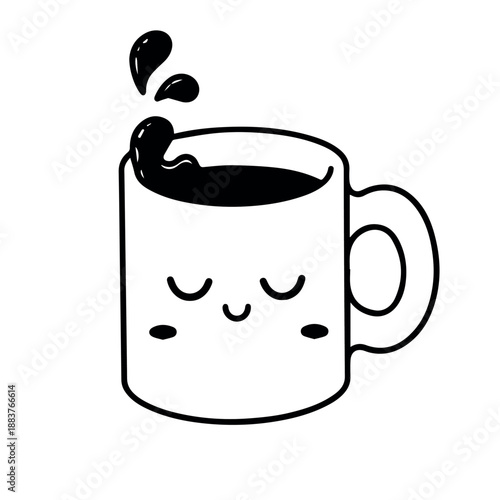 vector A cute and playful black and white cartoon illustration of a steaming coffee mug with a happy, sleepy face, indicating a comforting warm beverage.