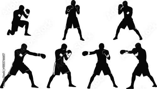 Silhouettes of boxers in various fighting and punching stances, wearing gloves, isolated vector set for martial arts design.