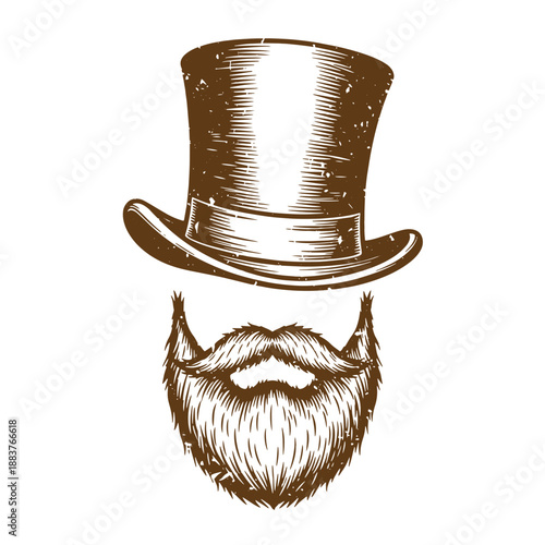 Drawing Vintage texture Brown illustration of a man with a top hat and beard and mustache isolated on white background