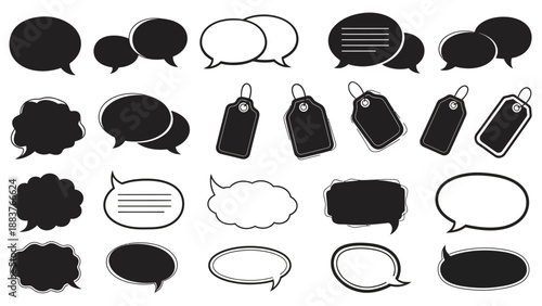 Collection of diverse speech and thought bubbles, and speech tags, in black silhouette style