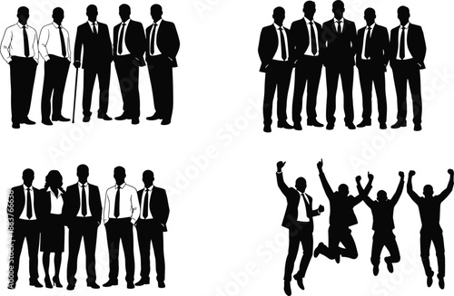 Silhouettes of male business colleagues and successful team groups standing together, including one jumping figure, vector set.
