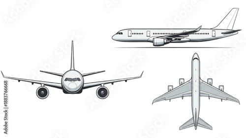 Commercial Passenger Airplane Orthographic Set: Front, Side, and Top View Vector Illustration