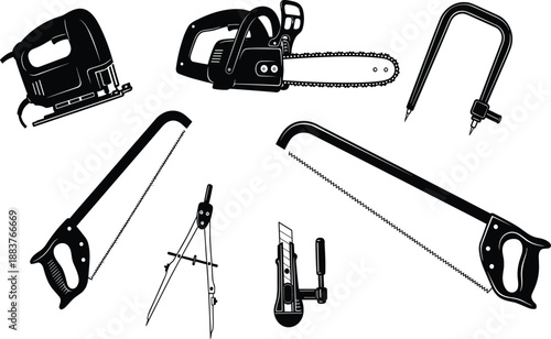 Vector collection of cutting tool silhouettes including chainsaw jigsaw hacksaw compass and knife for carpentry design.