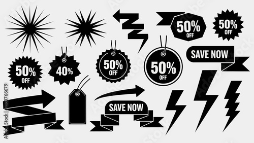 Collection of black and white sale stickers, tags, badges, and arrows with bold text and sharp designs