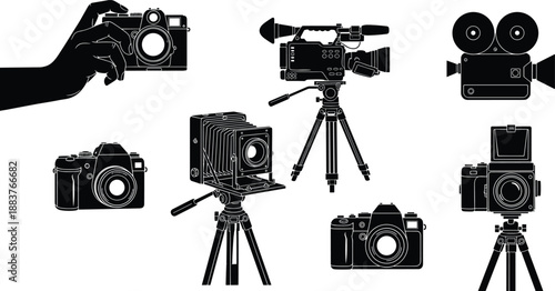 Vector collection of professional camera silhouettes including DSLR video cinema and vintage equipment for photography design.