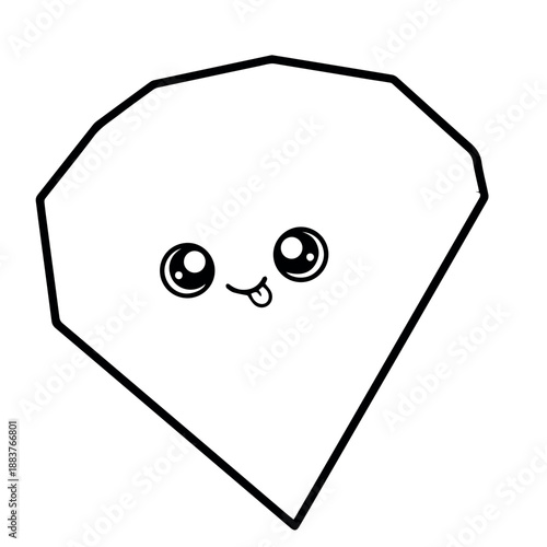 vector A charming black and white line art drawing of a classic diamond shape with an adorable smiling face, giving a cheerful personality to a valuable gem.