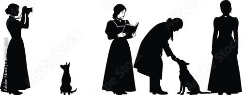 Victorian era women silhouettes with dog, reading book, photography and companionship isolated on white background, vintage lifestyle illustration set