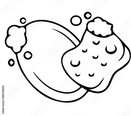 vector A clear black and white line art illustration showing a dish and a sponge covered in suds, representing the act of cleaning and washing.