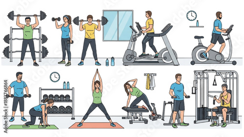 Modern Fitness Training Scene with Active Gym Members and Workout Equipment Vector
