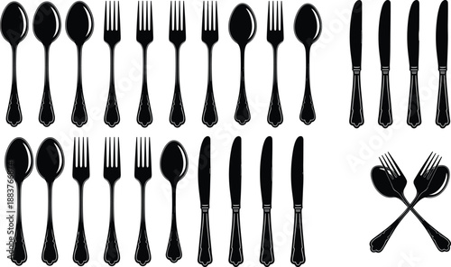 Vintage Cutlery Silhouette Set Vector Illustration of Spoons Forks and Knives for Restaurant Dining