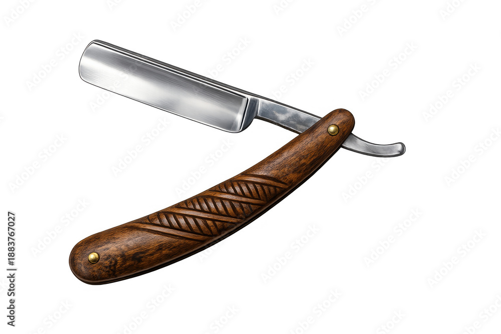 Obraz premium Straight razor with wooden handle and sharp blade for traditional barbering and classic shaving