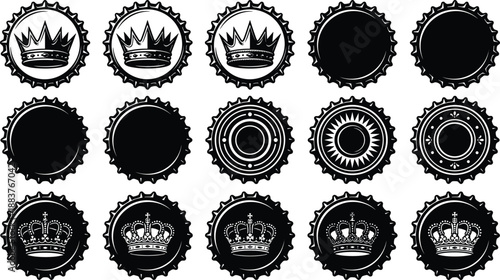 Vintage royal crown bottle cap badges set with black and white circular seals icons isolated vector illustration