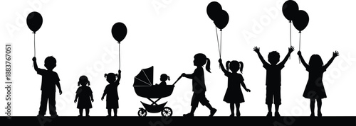 Silhouettes of happy children playing with balloons and a baby in a stroller, perfect for birthday celebrations, childhood joy, and summer park activities,
