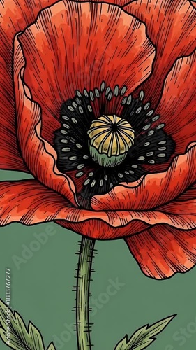 Wallpaper Mural Red Poppy Flower Macro Detail Vintage Botanical Illustration Footage Torontodigital.ca