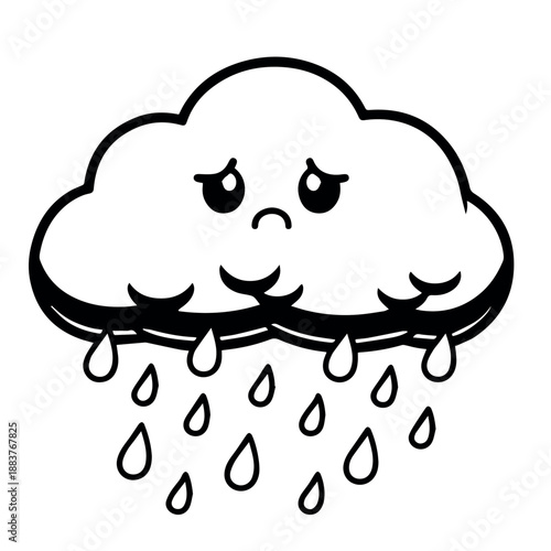 vector A mournful cartoon cloud shedding tears as raindrops fall, expressing sadness with a downtrodden mouth, depicted in black and white line art.