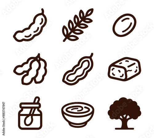 Tamarind line art icon set vector. Minimalist black outline symbols of sour fruit pod, leaf branch, seed, tree, pulp block, jar and bowl for botanical logo or food label design.