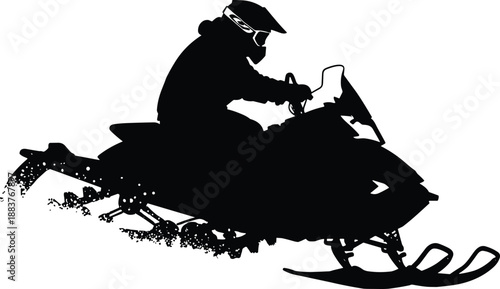 Snowmobile rider silhouette speeding across snow, winter extreme sport action concept, motorized sled adventure illustration, outdoor recreation activity isolated on white background