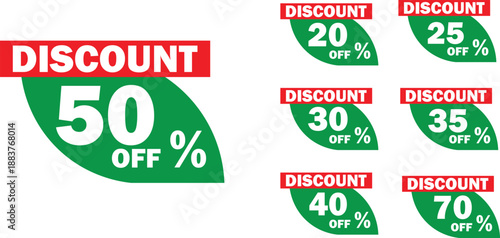 Collection of green leaf-shaped discount tags with red banners showing various percentage offers like 50%, 20%, 25%, 30%, 35%, 40%, and 70% off.