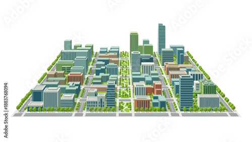 Aerial view of a futuristic cityscape with green spaces and modern architecture