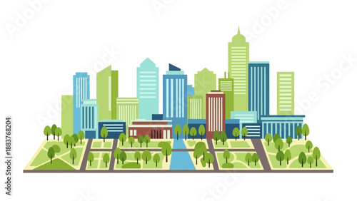 An aerial view of a vibrant cityscape with buildings, trees, and a river flowing through the landscape.