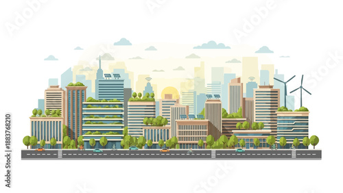 Sustainable Cityscape Illustration Featuring Green Buildings and Renewable Energy Sources in a Modern Urban Environment from a Distant Viewpoint