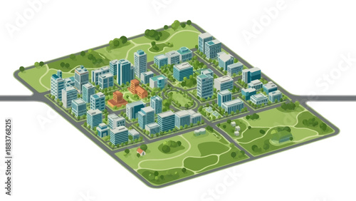 Aerial View of Modern Cityscape with Green Spaces and Buildings