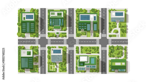 Aerial view of a modern neighborhood with lush greenery and swimming pools