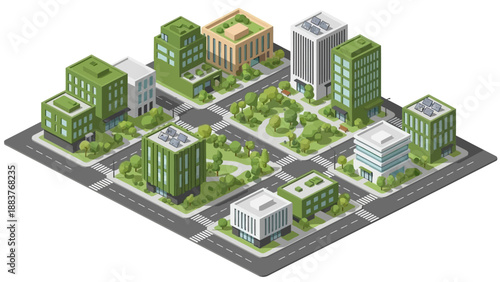 Isometric illustration of a modern city block with green buildings and trees, viewed from above, showcasing urban planning and architecture.