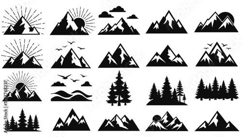 Collection of black and white mountain silhouettes with sun, moon, clouds, trees, and birds