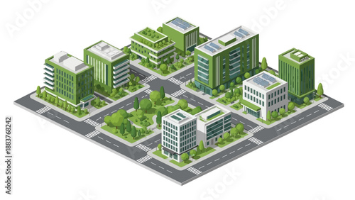 Aerial view of a modern cityscape with lush greenery and sleek buildings surrounded by roads and trees