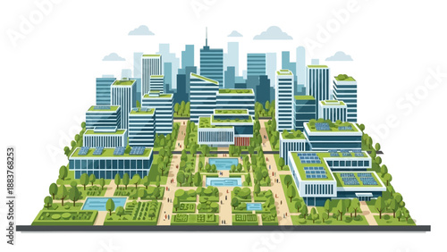 Aerial view of a futuristic cityscape with green spaces and modern architecture