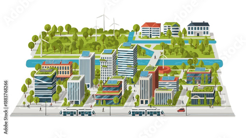Sustainable cityscape with modern buildings, green spaces, and renewable energy sources