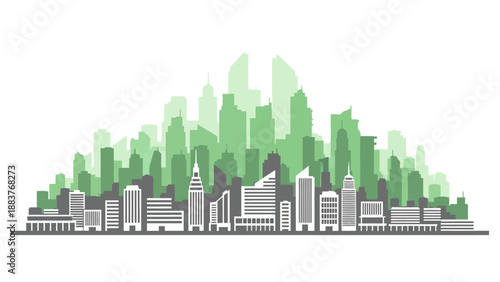Cityscape illustration featuring green trees and gray buildings from a low-angle viewpoint