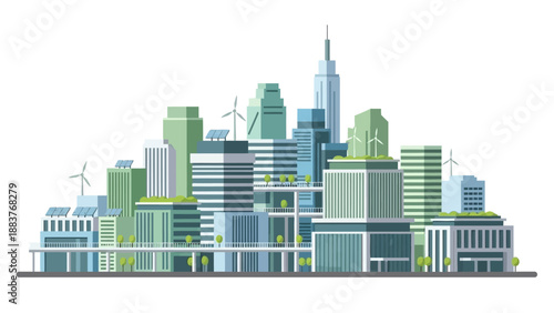 Sustainable cityscape with modern buildings and wind turbines in a futuristic urban landscape