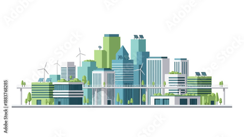 Sustainable cityscape with modern architecture, green spaces, and renewable energy sources, viewed from a high vantage point.