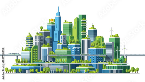 Sustainable cityscape with green buildings and wind turbines in a modern urban landscape viewed from above.