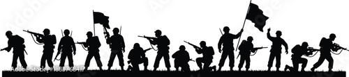 Soldiers silhouettes with rifles and flags forming military squad, army teamwork and battle formation concept, war history theme, black vector illustration