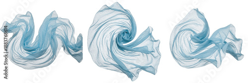 Fotografía Set of abstract blue flowing fabric isolated on white background, ethereal wavy chiffon silk cloth shapes for design elements
