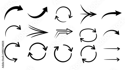 Collection of black arrow illustrations in various curves, loops, straight lines, and directions for drawing or design