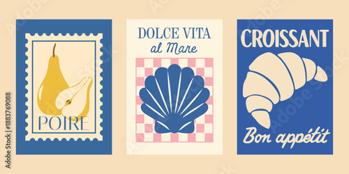La dolce vita mediterranean kitchen poster set. Retro european food & travel illustrations. European la dolce vita poster set with culinary and coastal motifs