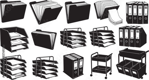 Office supplies and filing systems in black and white