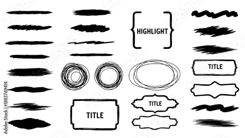 Collection of black hand-drawn scratchy strokes, circles, and ornate frames with text placeholders