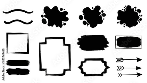Collection of various black and white decorative frames, splatters, arrows, and lines for design