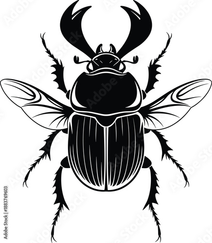  Stag beetle silhouette with open wings and large mandibles vector illustration, flying insect anatomy, isolated black and white botanical nature art element